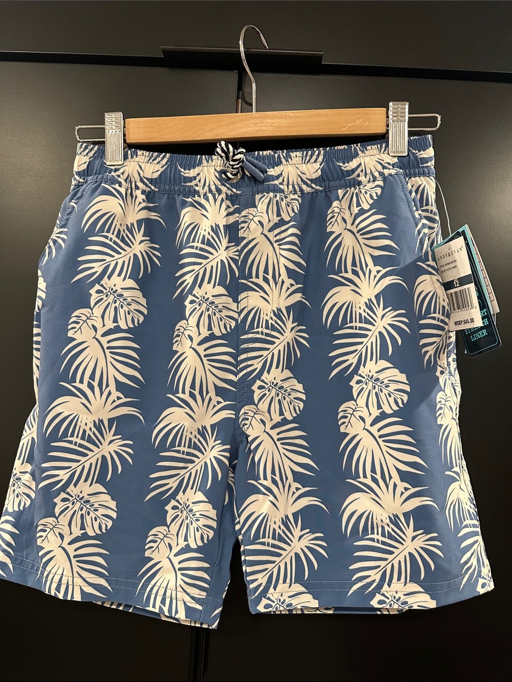 NEW Andy & Evan Blue Swim Trunks with White Tropical Print